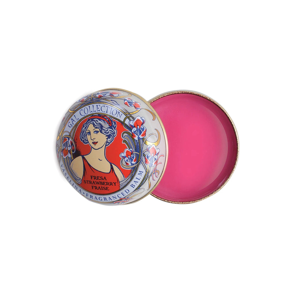 Kala Style Perfumeria Gal strawberry fragranced lip balm in a red and blue vintage-inspired illustrated tin.