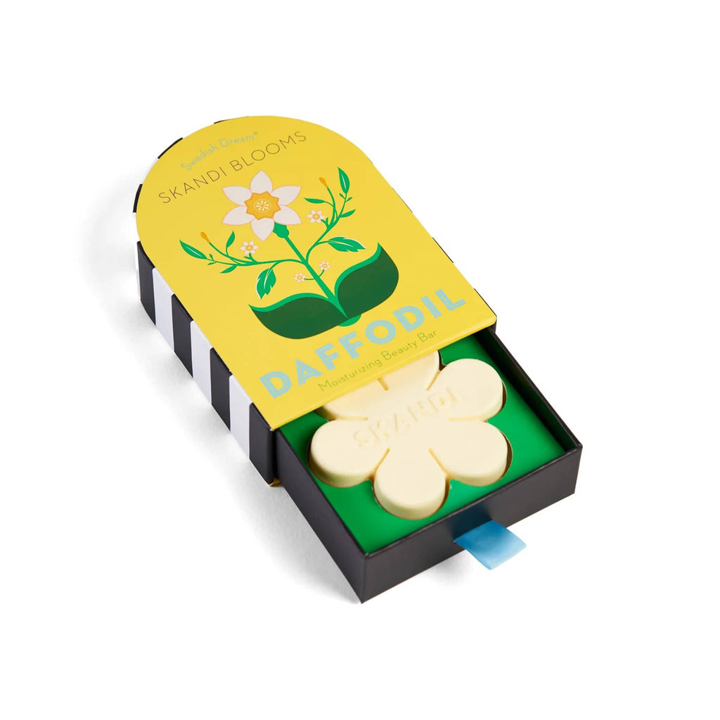 Kala Style Swedish Dream Skandi Blooms Daffodil Moisturizing Beauty Bar, flower shaped bar soap in illustrated gift box packaging.