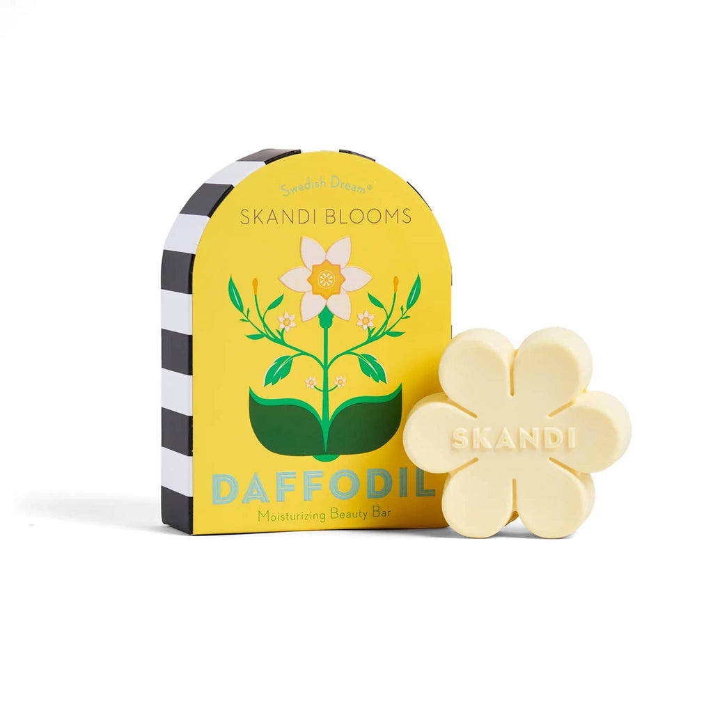 Kala Style Swedish Dream Skandi Blooms Daffodil Moisturizing Beauty Bar, flower shaped bar soap with illustrated gift box packaging.