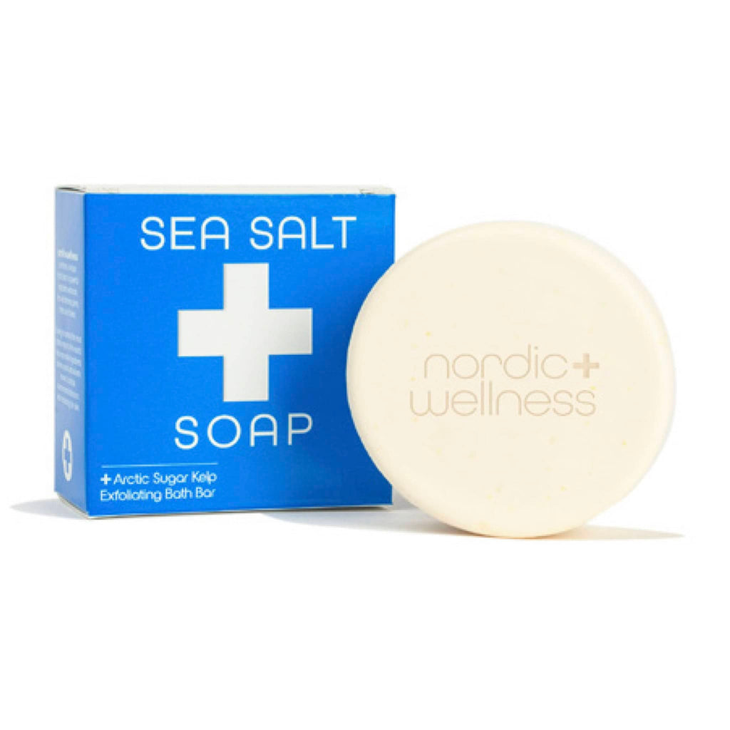 Kalastyle Nordic+Wellness Sea Salt and Sugar Kelp Exfoliating Bath Soap Bar with blue and white box packaging.