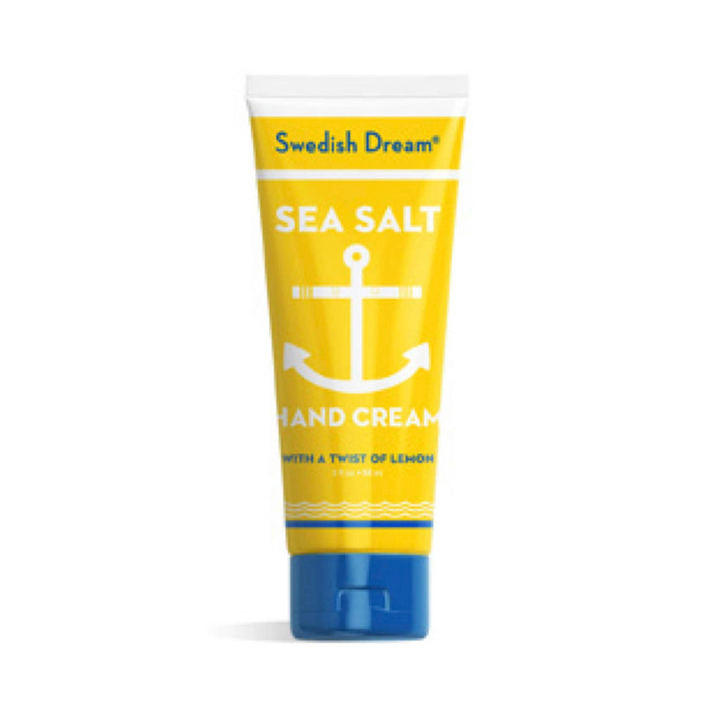 Kalastyle Swedish Dream Sea Salt Summer Lemon Hand Cream in 3 ounce yellow tube with white anchor and blue cap.