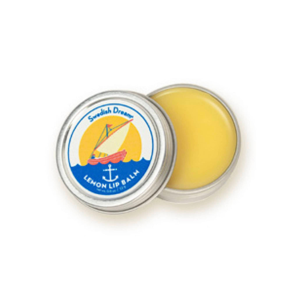 Kalastyle Swedish Dream Zesty Lemon Lip Balm in tin, lid off.
