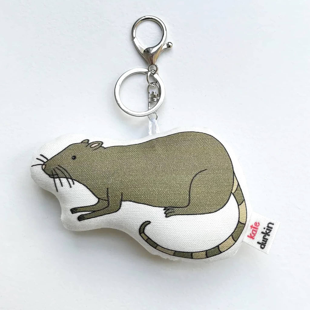 Keychain with a rat design on a white background.