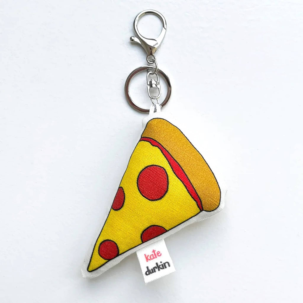 Keychain shaped like a pizza slice with a visible brand tag on a white background.