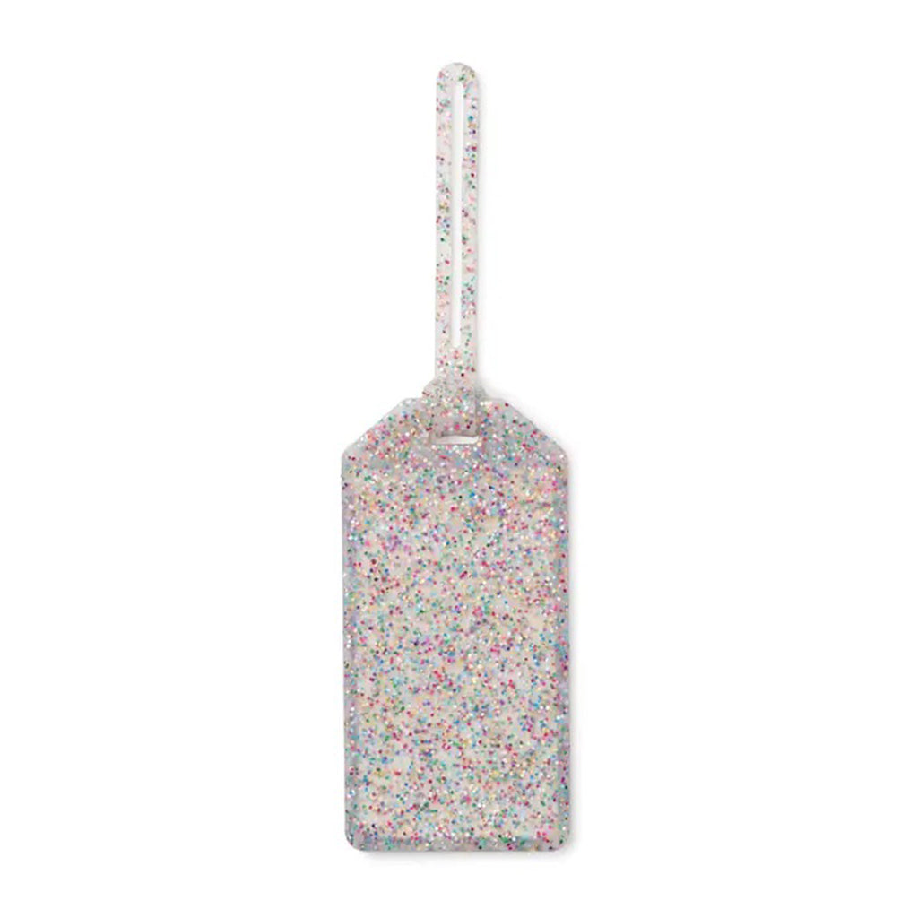Kate Spade Clear Silicone Luggage Tag with colorful glitter and adjustable strap.