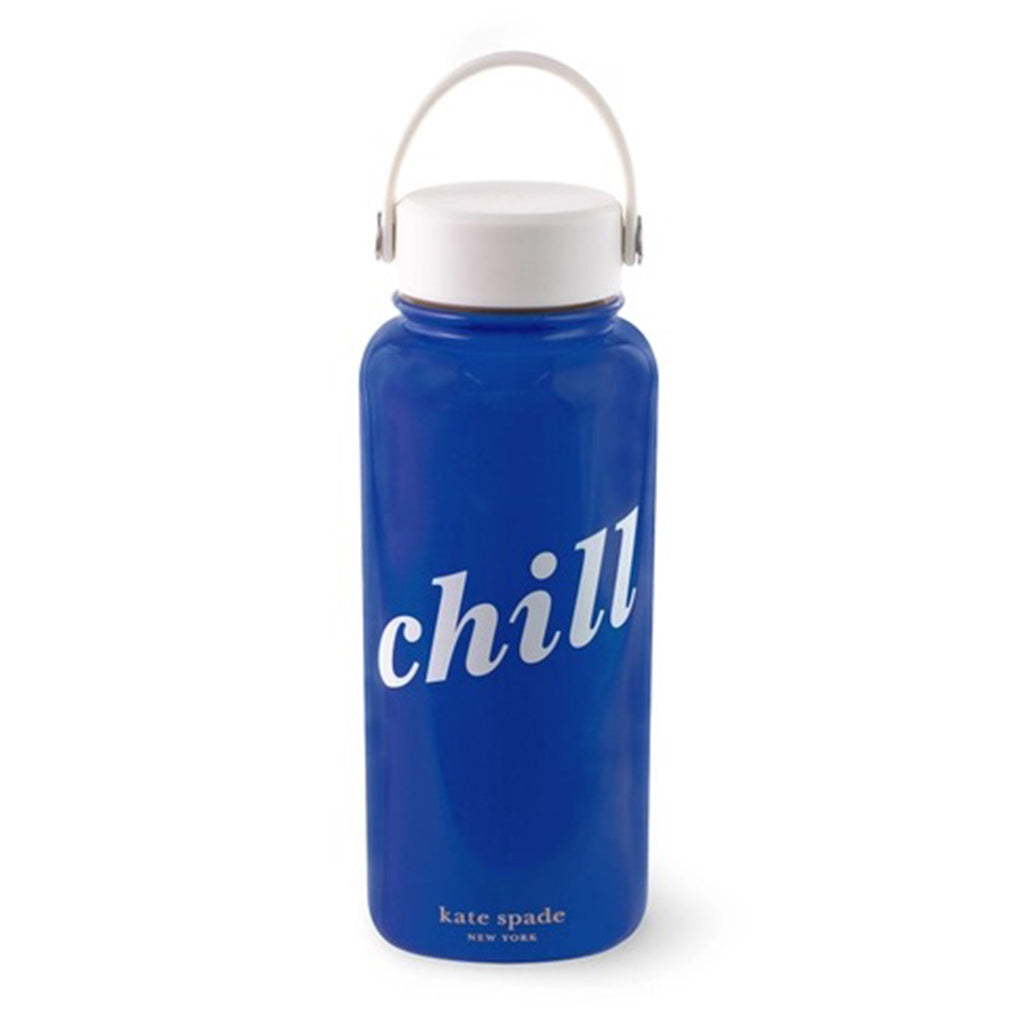 Kate Spade New York 33 ounce blue stainless steel extra large water bottle with "chill" in white lettering and a white screw-on lid with handle, front view.