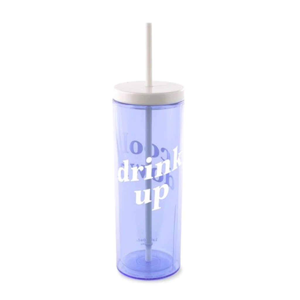 Kate Spade Blue Acrylic Tumbler with white lid and straw and "drink up" in white lettering.