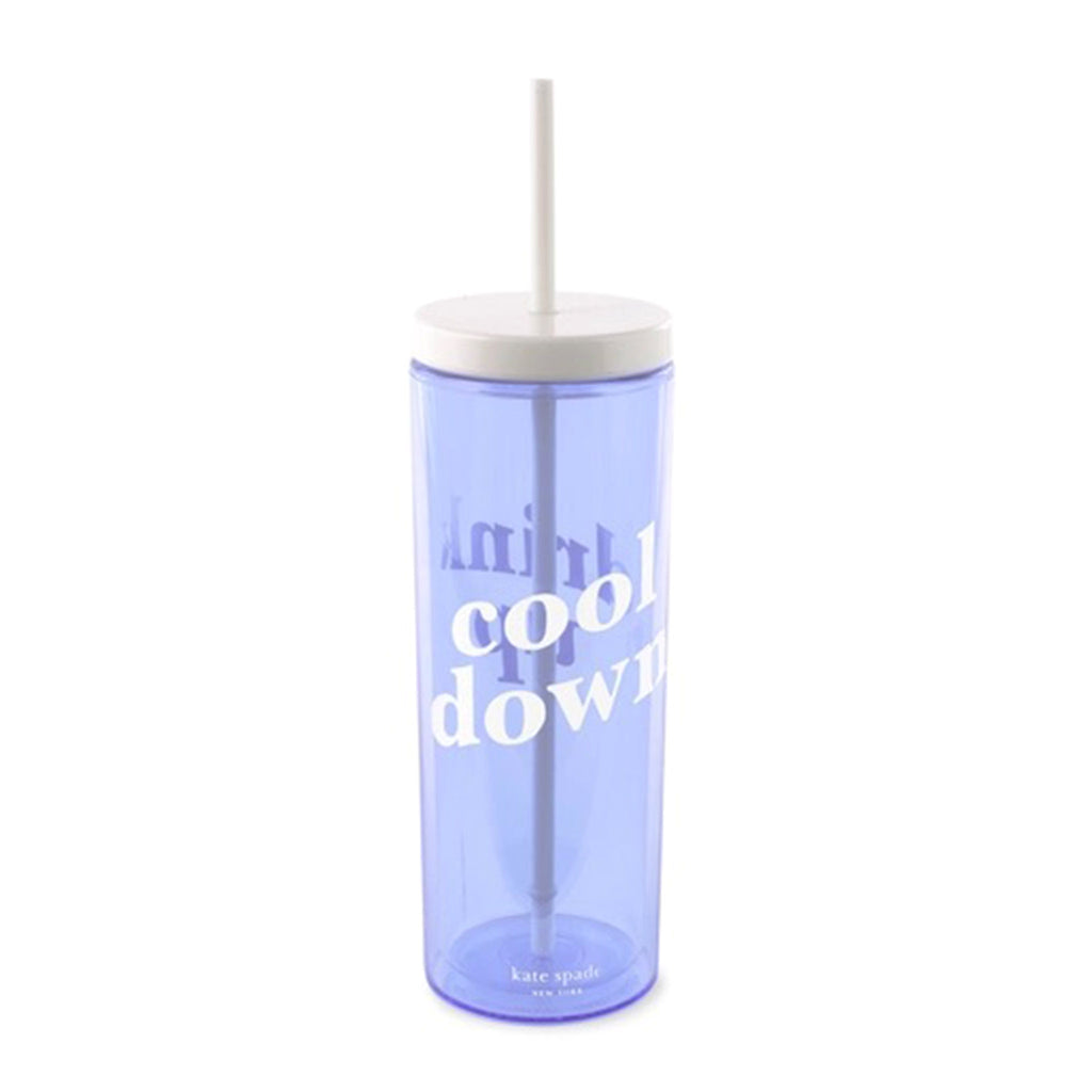 Kate Spade Blue Acrylic Tumbler with white lid and straw and "cool down" in white lettering.