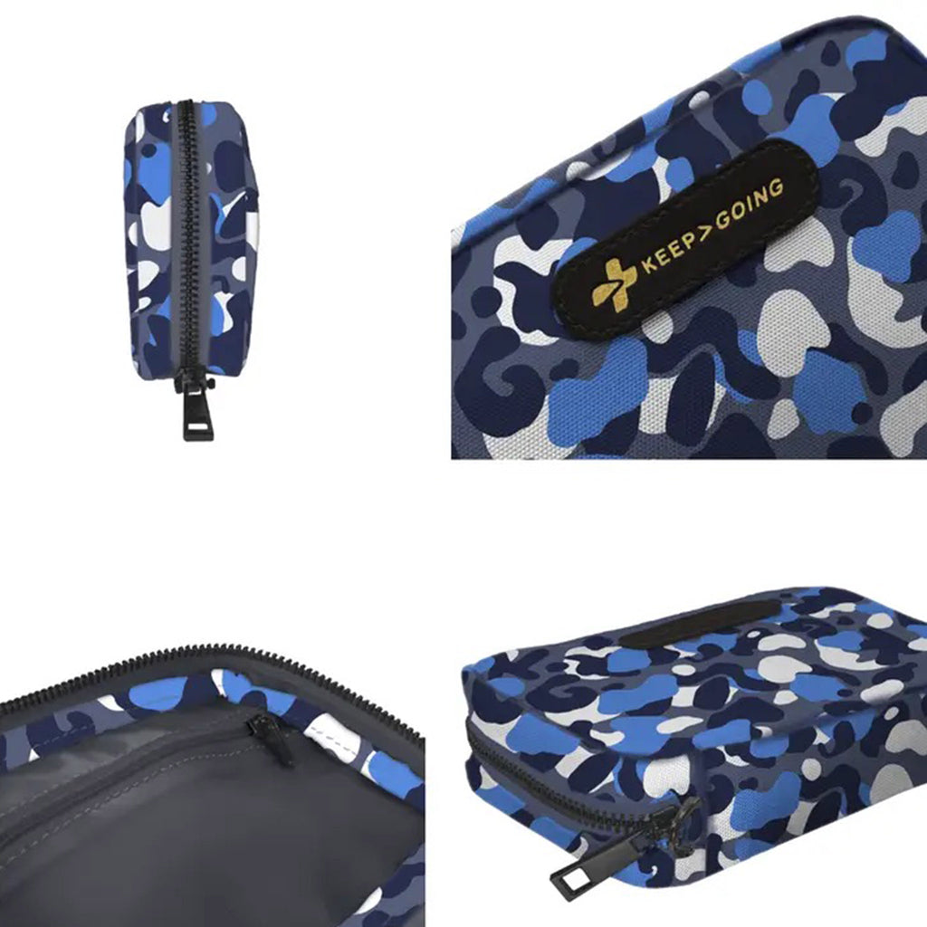KEEP GOING First Aid GoKit in blue camouflage pattern zip pouch, details of pouch.