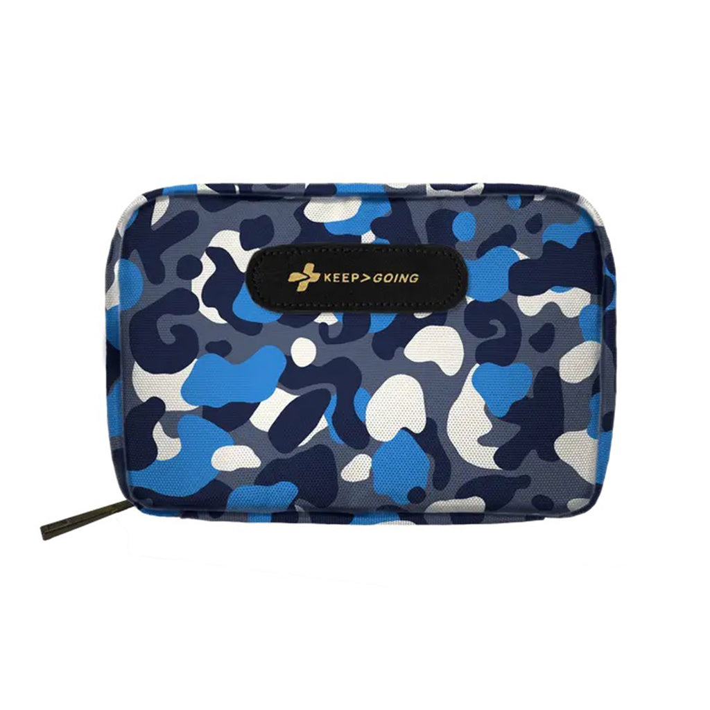 KEEP GOING First Aid GoKit in blue camouflage pattern zip pouch, front view.