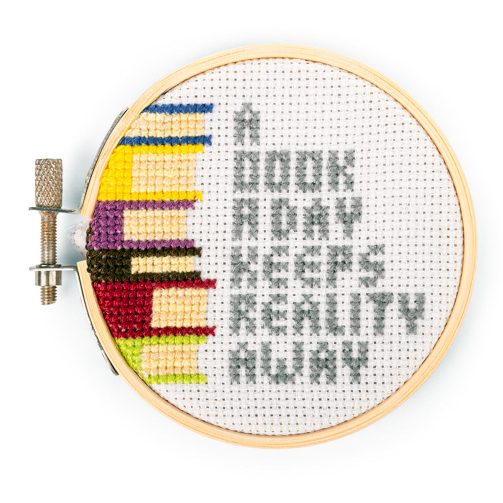 Kikkerland A Book A Day mini cross stitch embroidery kit, completed project.