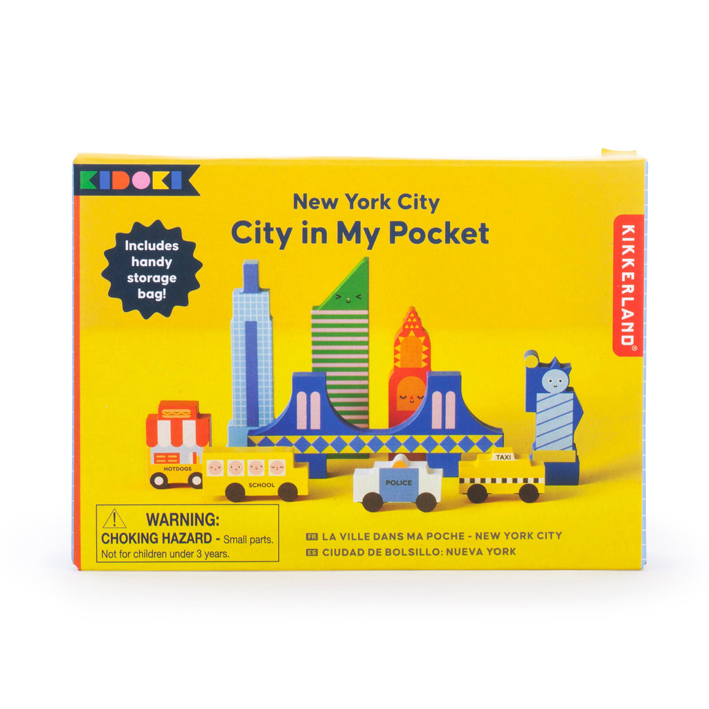 Kikkerland New York City city in my pocket wood playset in box packaging, front view.