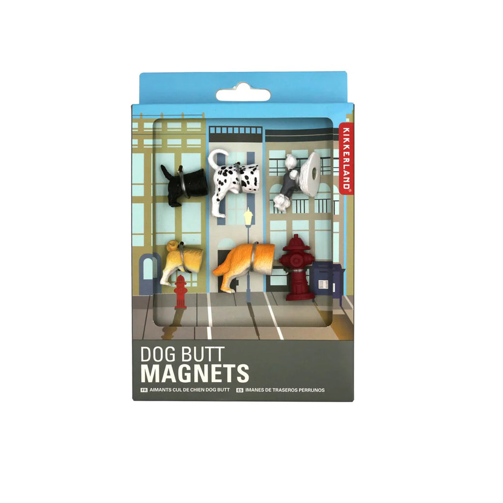 Kikkerland dog butt magnets in packaging.