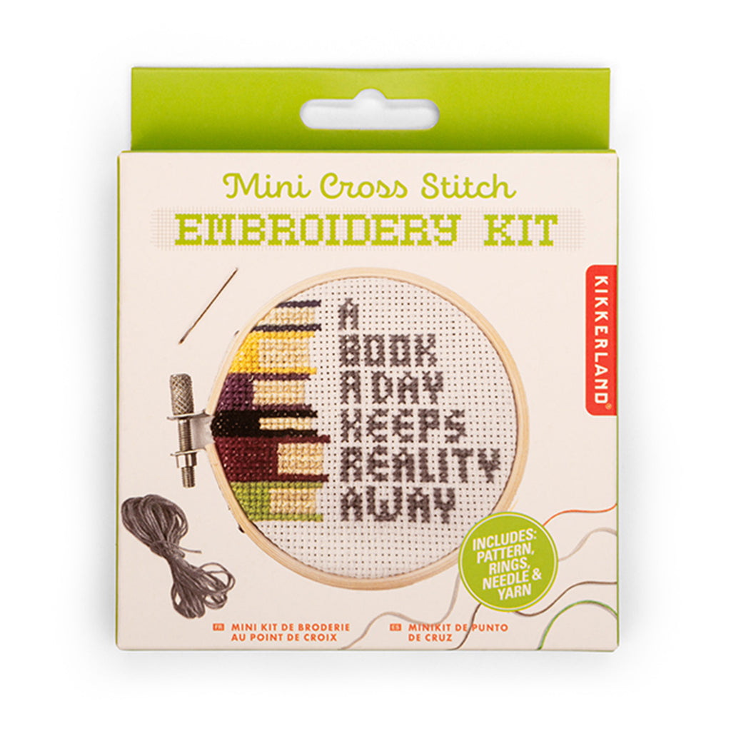 Kikkerland A Book A Day mini cross stitch embroidery kit in box packaging, front view.