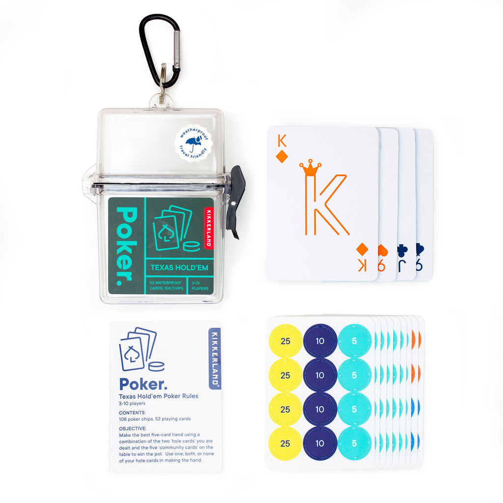 Kikkerland mini portable poker set contents with weatherproof and travel-friendly acrylic packaging with carabiner.