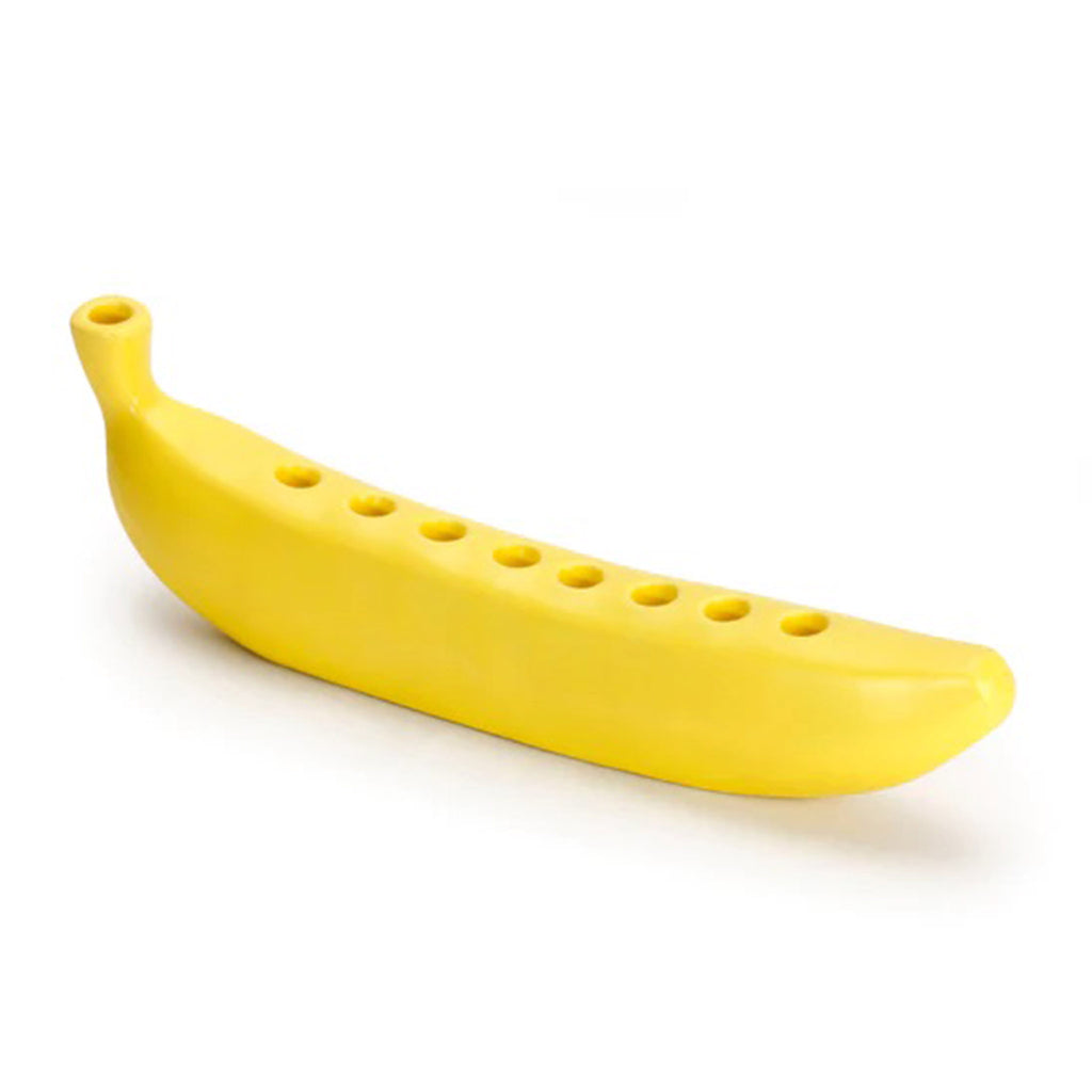 Kikkerland Banorah, yellow ceramic menorah in the shape of a banana, front angle view.