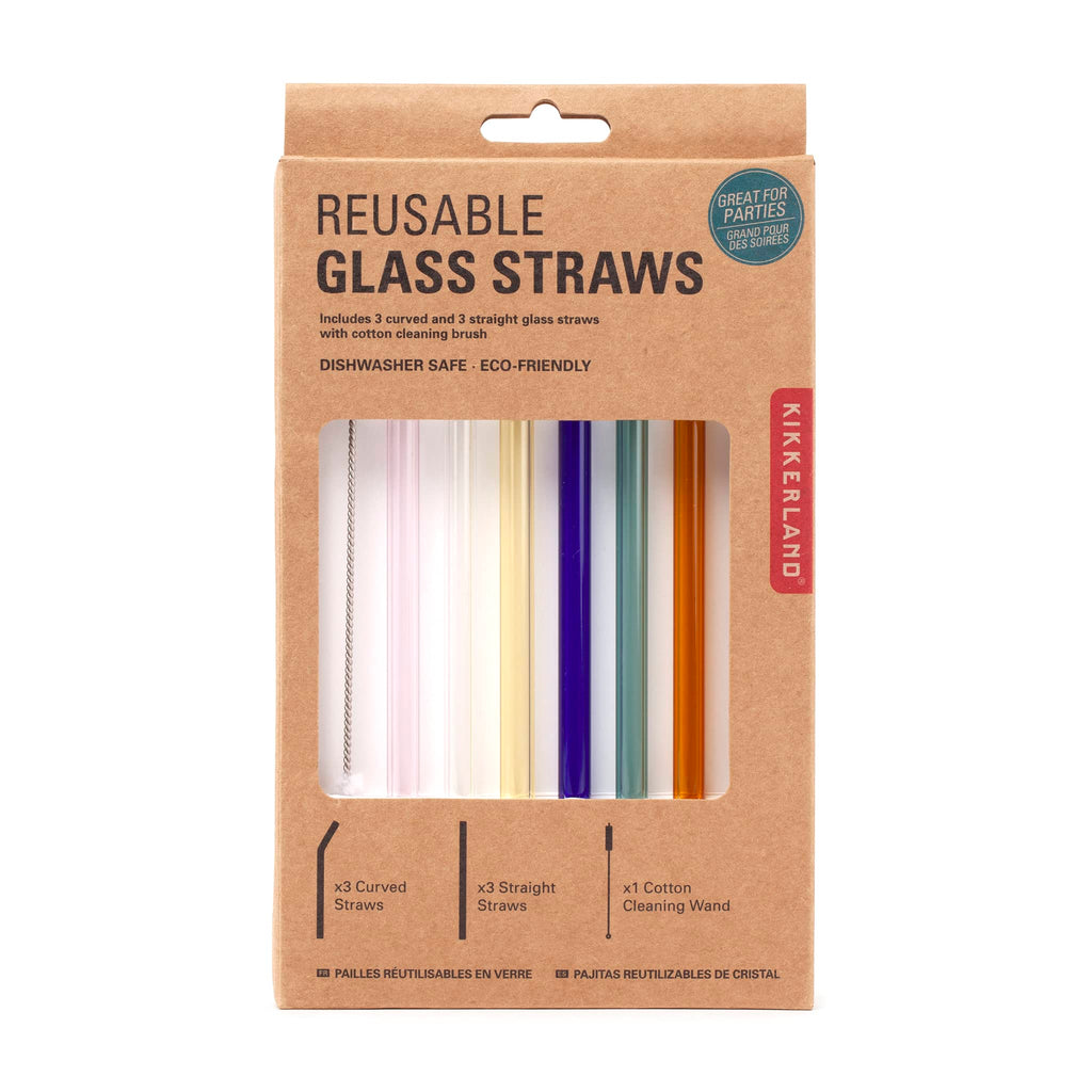Kikkerland Colorful Reusable Glass Straws in card packaging, front view.