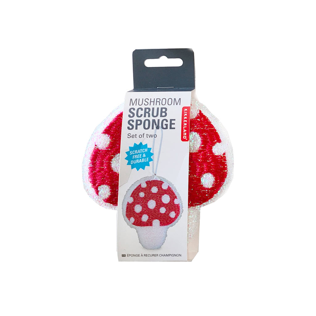 Kikkerland mushroom scrub sponges, set of two in bellyband packaging.