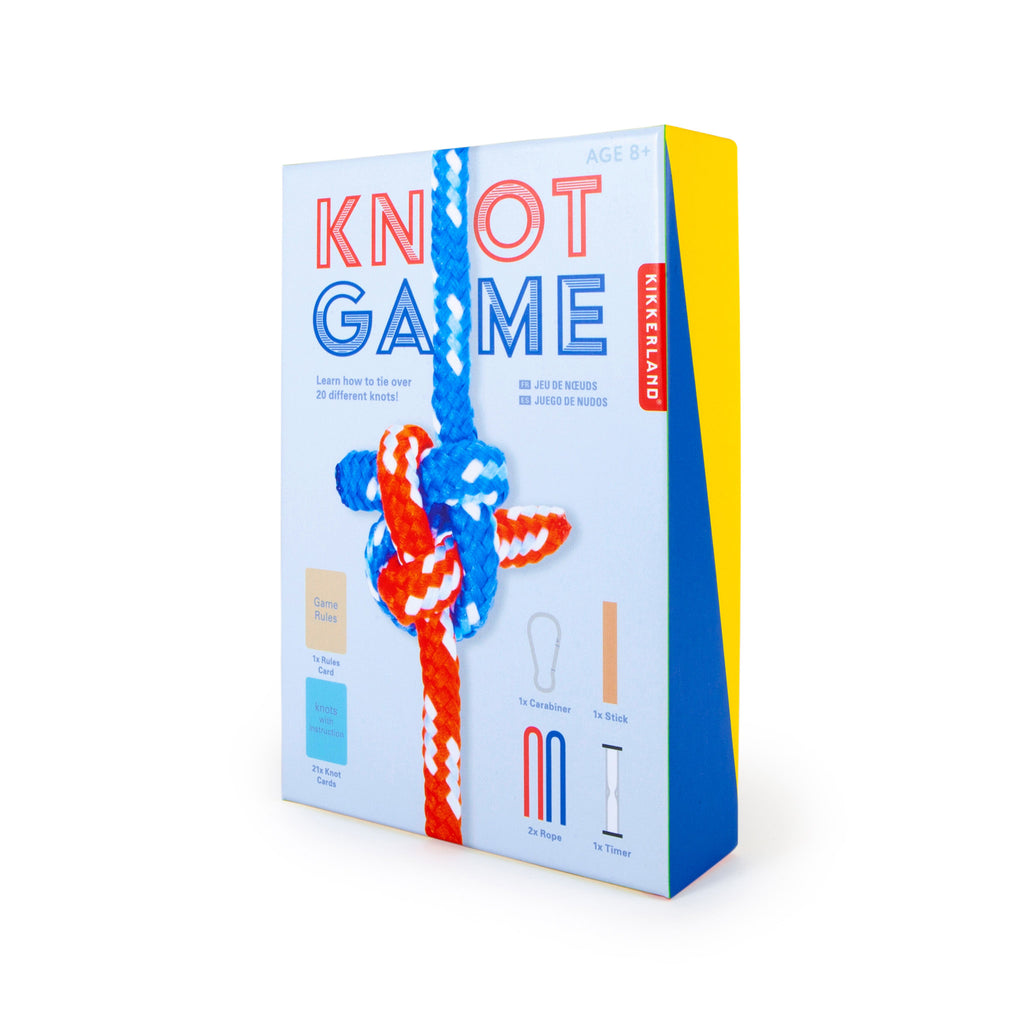 Kikkerland Knot Game in box packaging front and side view.