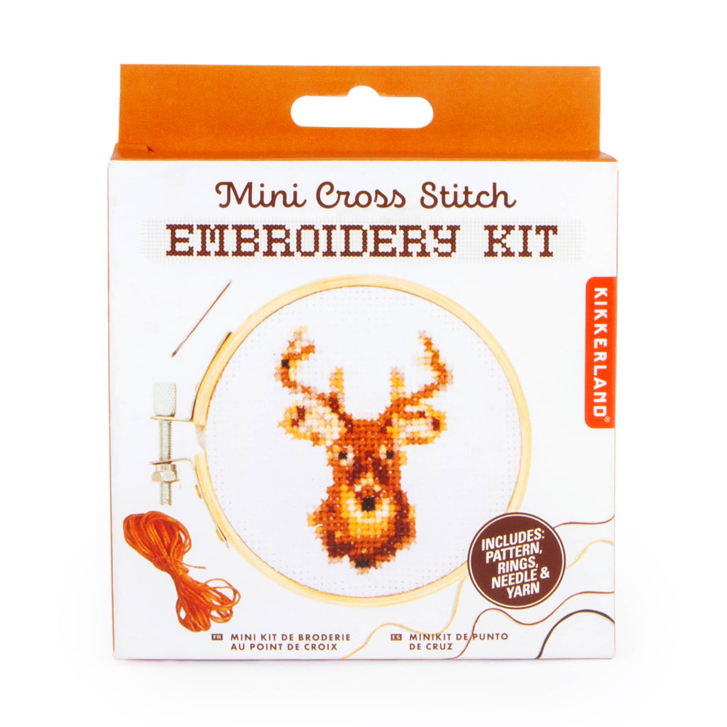 Kikkerland Mini Cross Stitch Embroidery Kit packaging with deer design.