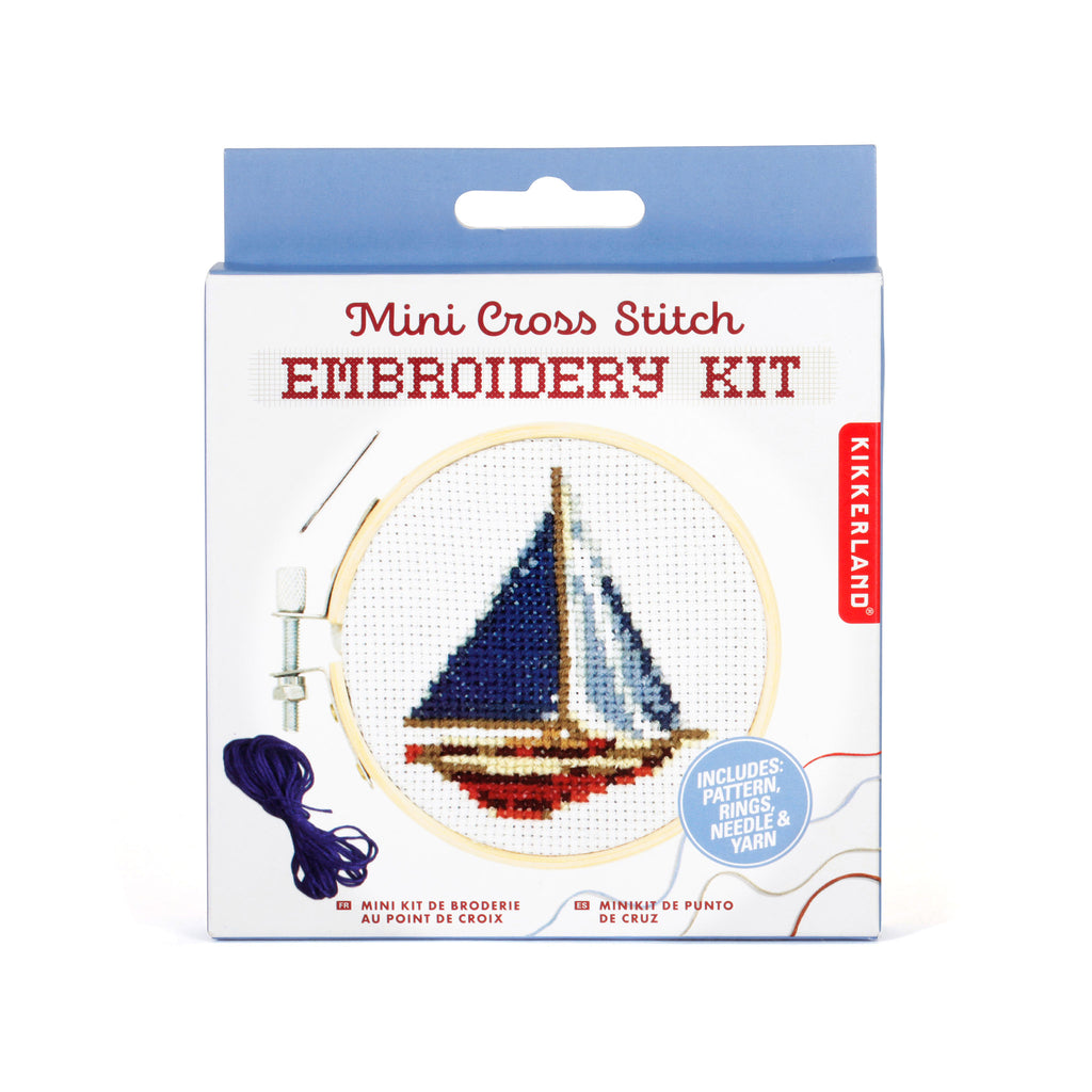 Kikkerland Sailboat Mini Cross Stitch Embroidery Kit in box packaging, front view.