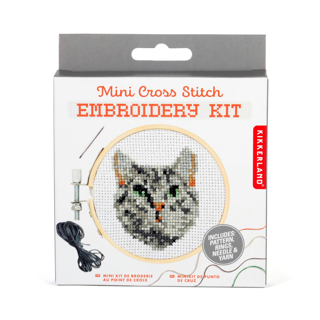 Kikkerland mini cross stitch embroidery kit packaging with a gray cat design.