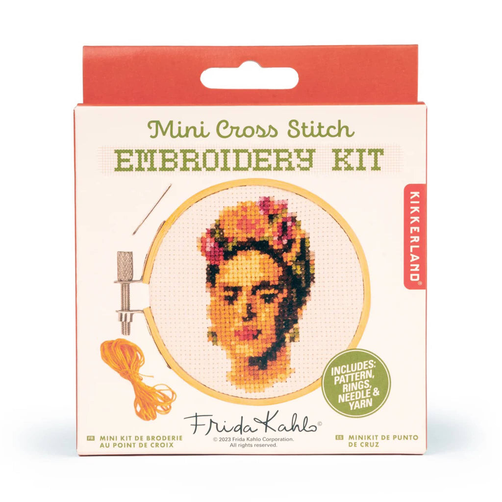 Kikkerland Frida Mini Cross Stitch Embroidery Kit in box packaging, front view.