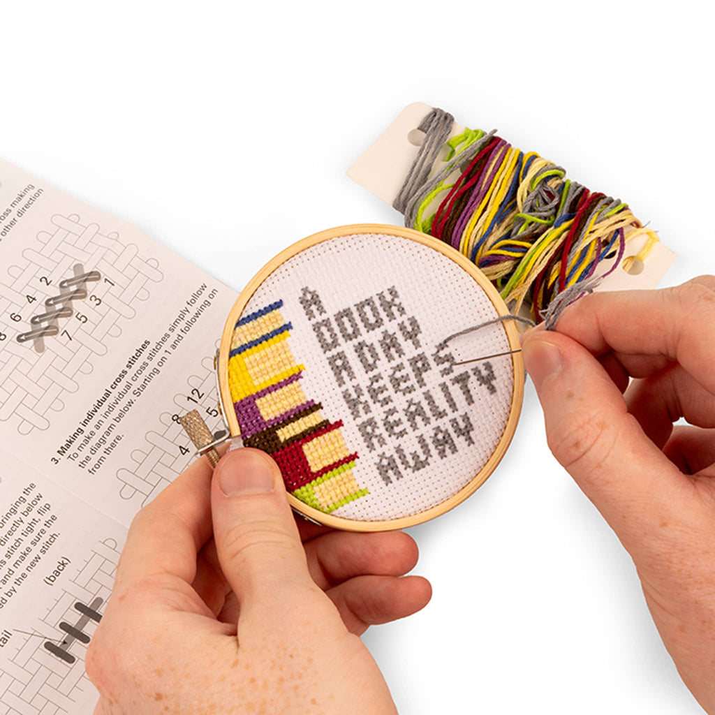 Kikkerland A Book A Day mini cross stitch embroidery kit, piece in progress.
