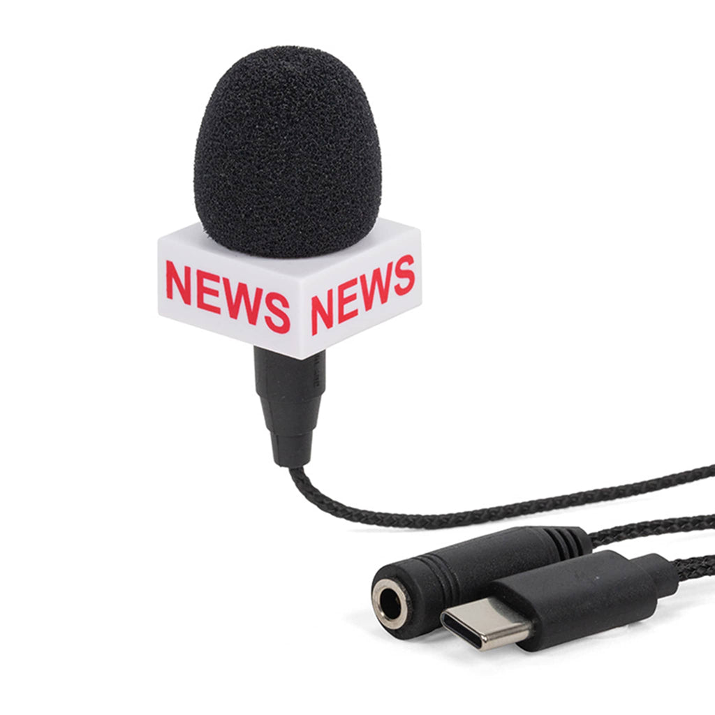 Mini microphone with 'NEWS' label on a white background.