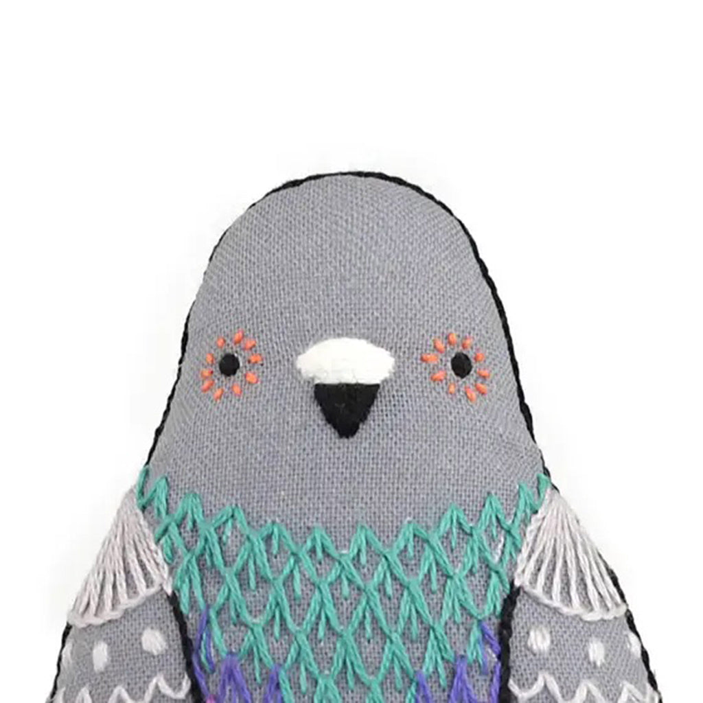 Kiriki Press DIY Embroidered Pigeon Doll Kit detail of completed doll head.