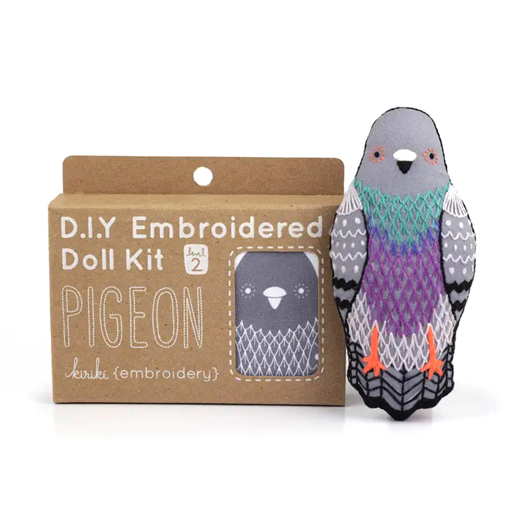Kiriki Press DIY Embroidered Pigeon Doll Kit box packaging with completed doll.