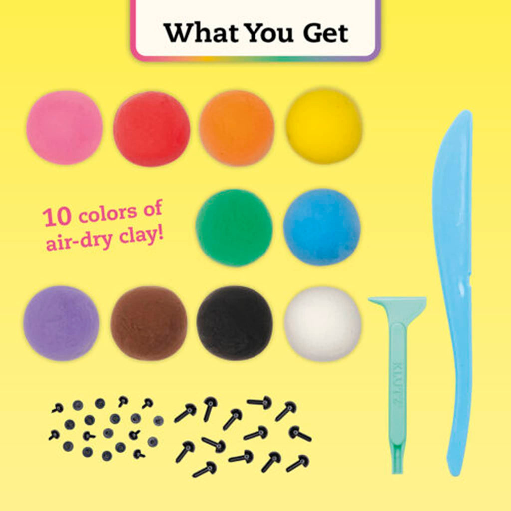 Set of 10 colors of air-dry clay with tools and eye pieces on a yellow background.