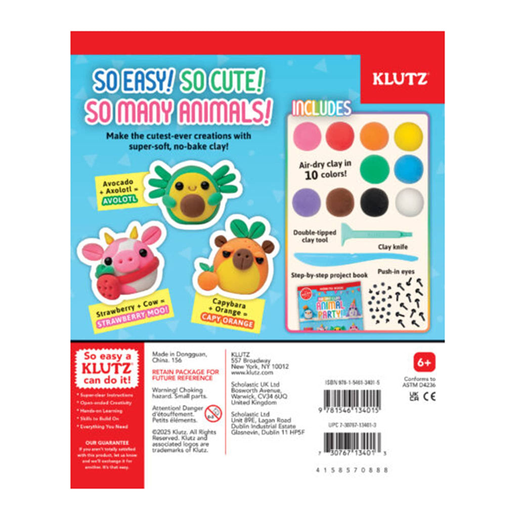 Klutz Air-Dry Clay Animal Party creative kit packaging with list of contents and sample animals, back view, on a white background.