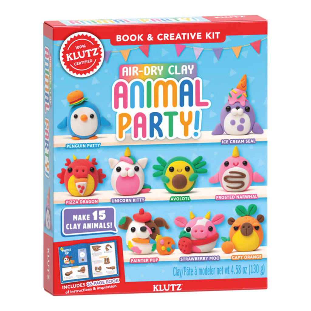 Klutz Air-Dry Clay Animal Party creative kit packaging with colorful illustrations of clay animals, front view, on a white background.