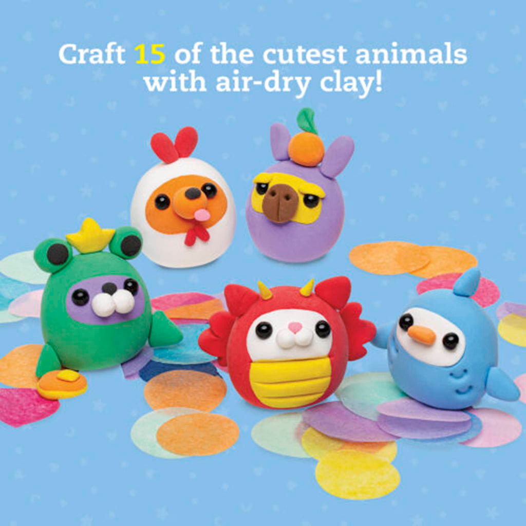 Five colorful clay animals on a blue background with text about air-dry clay crafts.