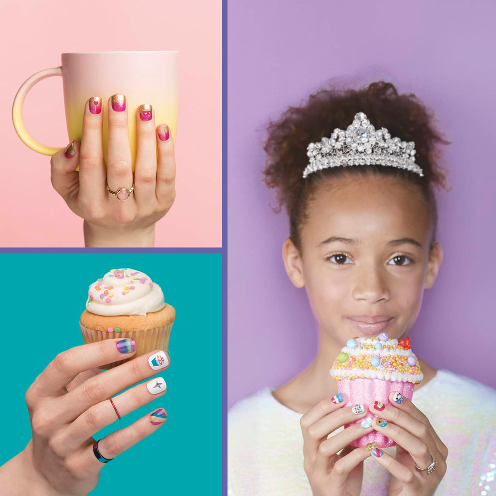 Collage of a hand holding a mug, another hand holding a cupcake, and a girl with a tiara holding a cupcake, all with nail art designs.