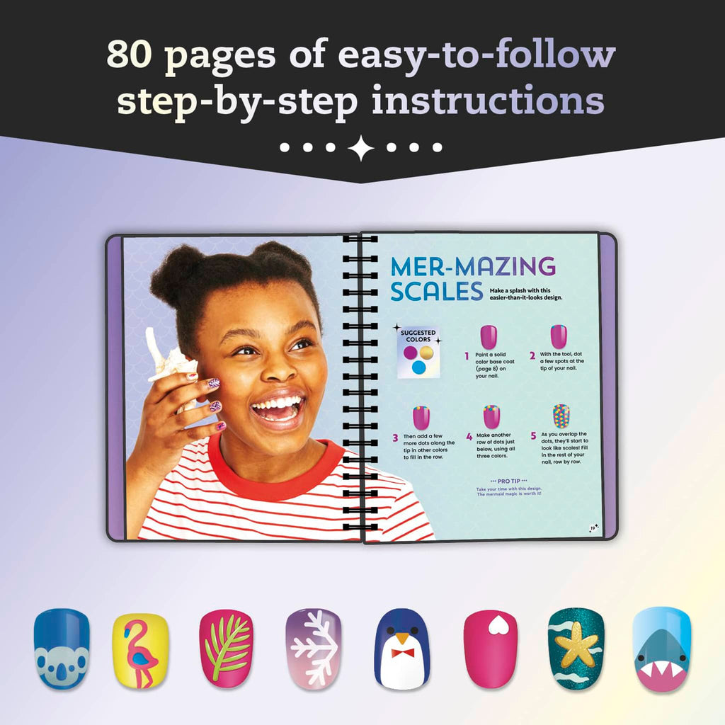 Children's nail art book with step-by-step instructions and sample designs on a gradient background.