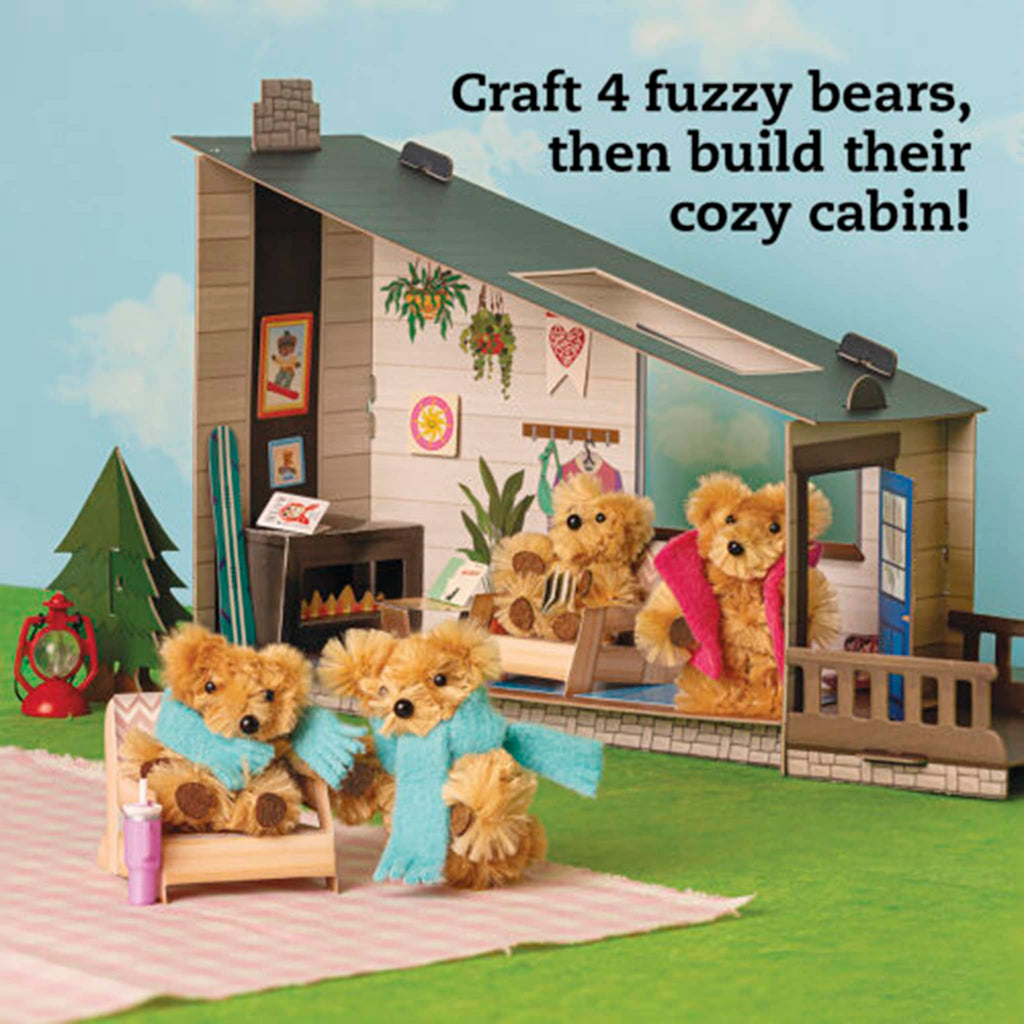 Toy cabin with fuzzy bears around it, featuring text about crafting and building a cozy cabin.