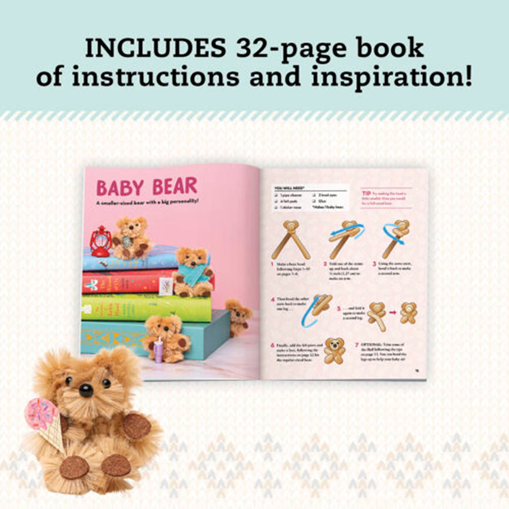 Open book with instructions and a toy bear on a light blue background.