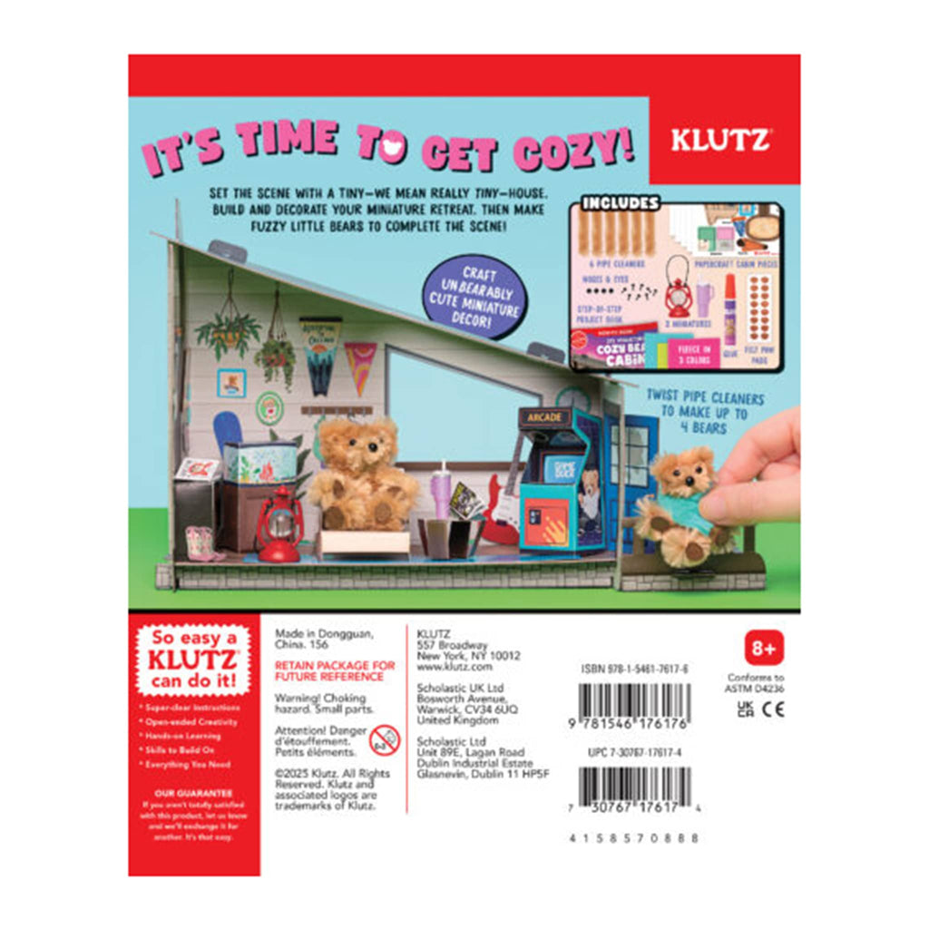 Klutz DIY Miniature Cozy Bear Cabin book and creative kit packaging, back view, on white background.