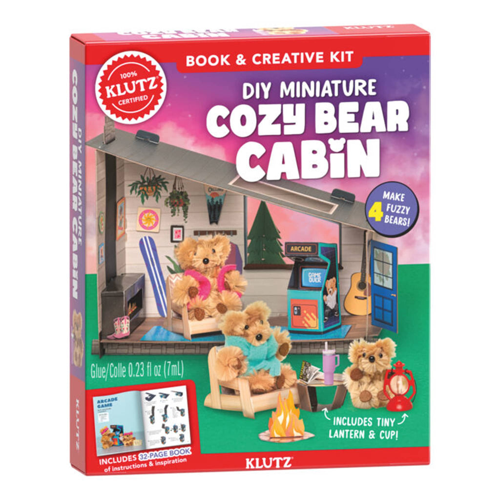 Klutz DIY Miniature Cozy Bear Cabin book and creative kit packaging, front view, on white background.