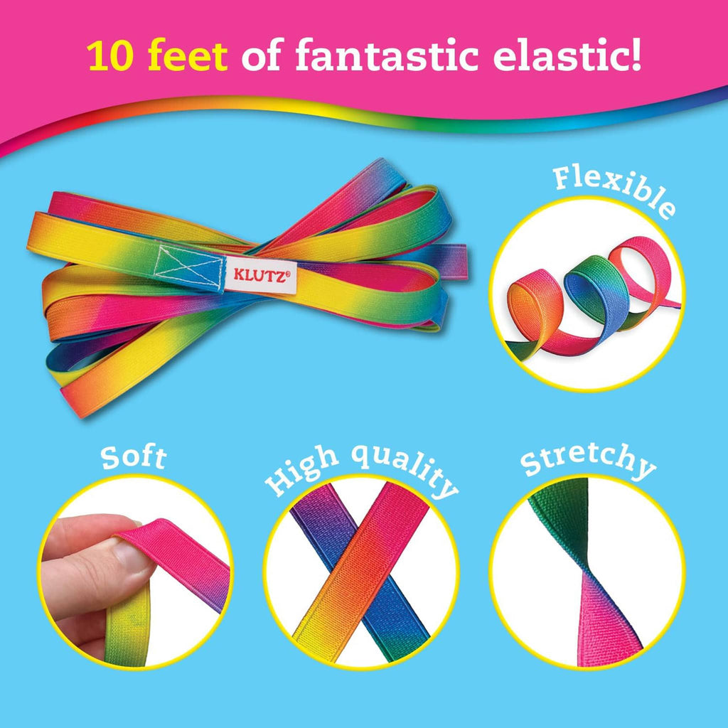 Klutz Jumpsies: How to Hop, Skip & Jump with Stretchy Rope, rainbow elastic loop with book, with descriptors of the elastic.