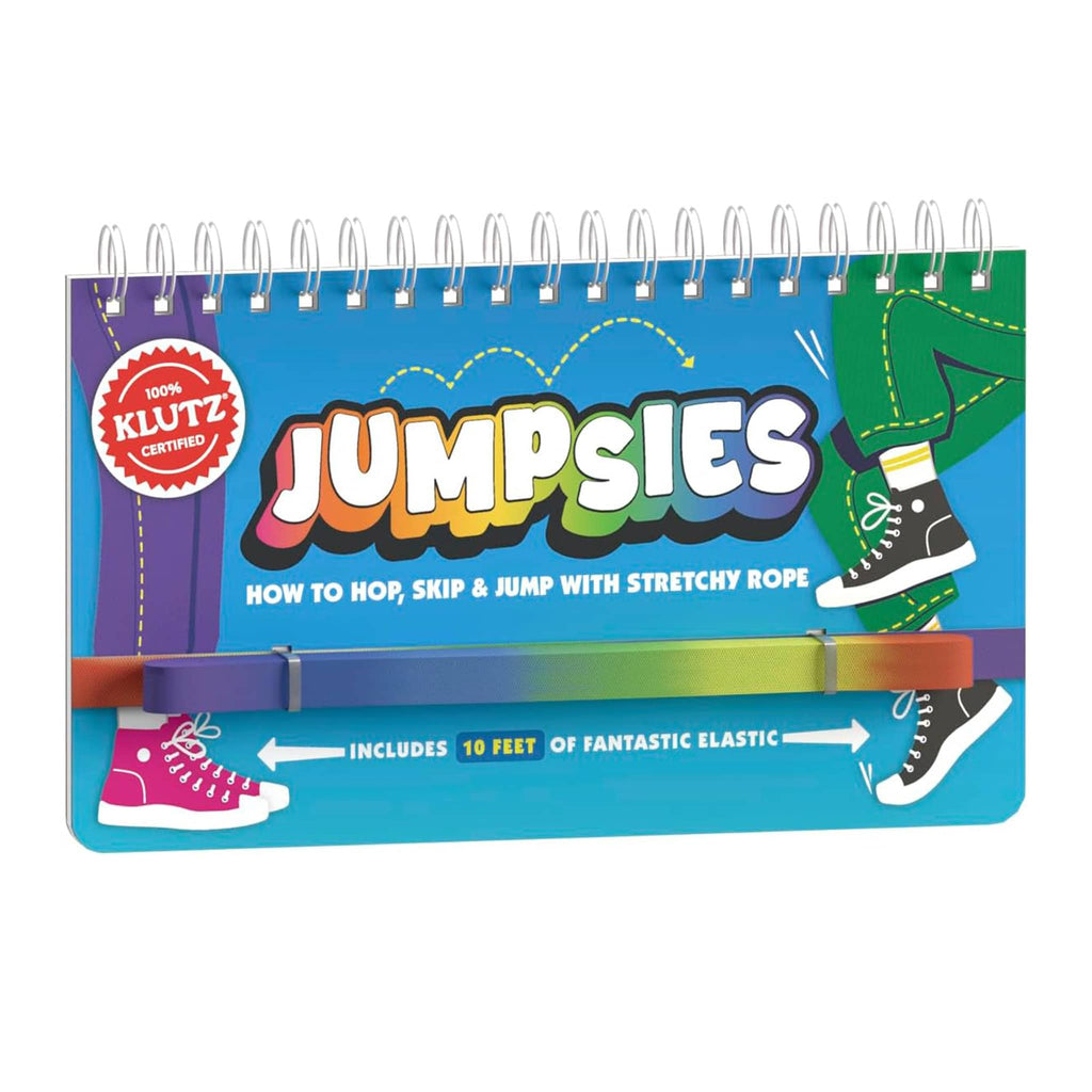 Klutz Jumpsies: How to Hop, Skip & Jump with Stretchy Rope, rainbow elastic loop with book, front view.