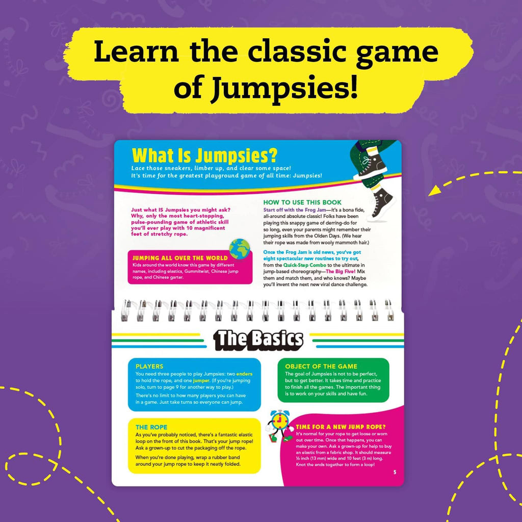 Klutz Jumpsies: How to Hop, Skip & Jump with Stretchy Rope, rainbow elastic loop with book, sample book page.