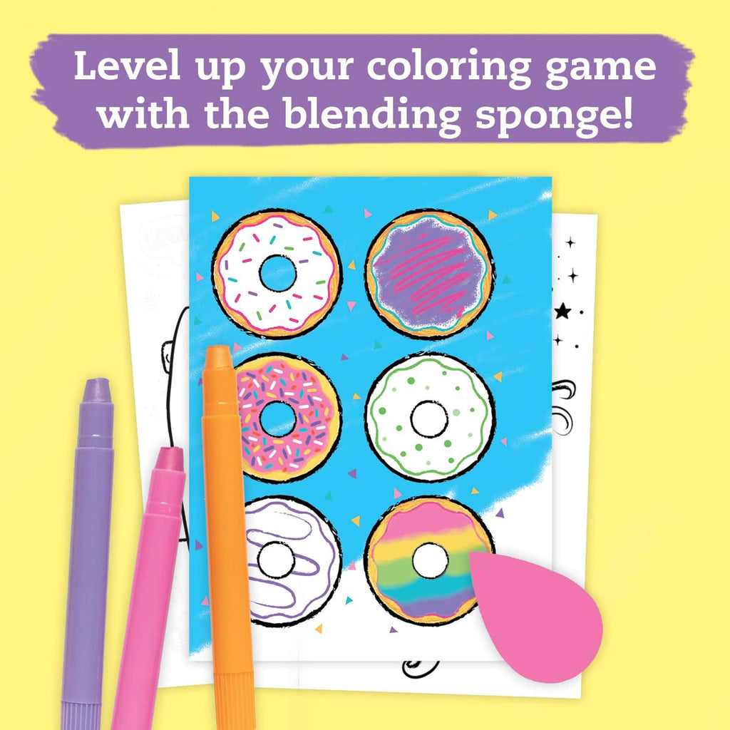 Klutz Shimmer Magic Paint Sticks, sample bagel coloring page with paint sticks and blending sponge.
