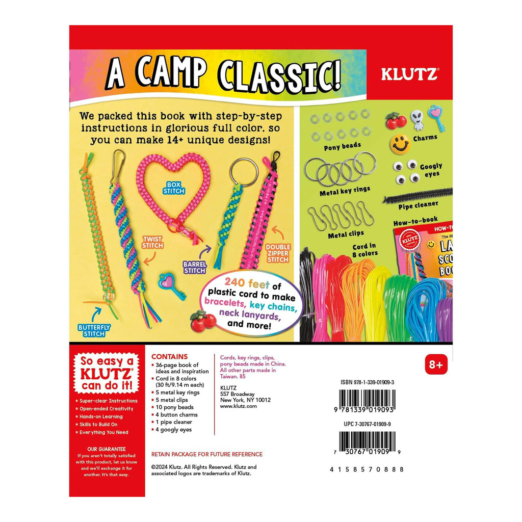 Klutz The Best Ever Book of Lanyard, Scoubidou and Boondoggle Craft Kit in box packaging, back view.