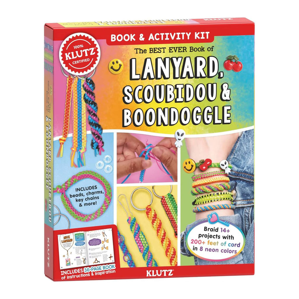 Klutz The Best Ever Book of Lanyard, Scoubidou and Boondoggle Craft Kit in box packaging, front view.