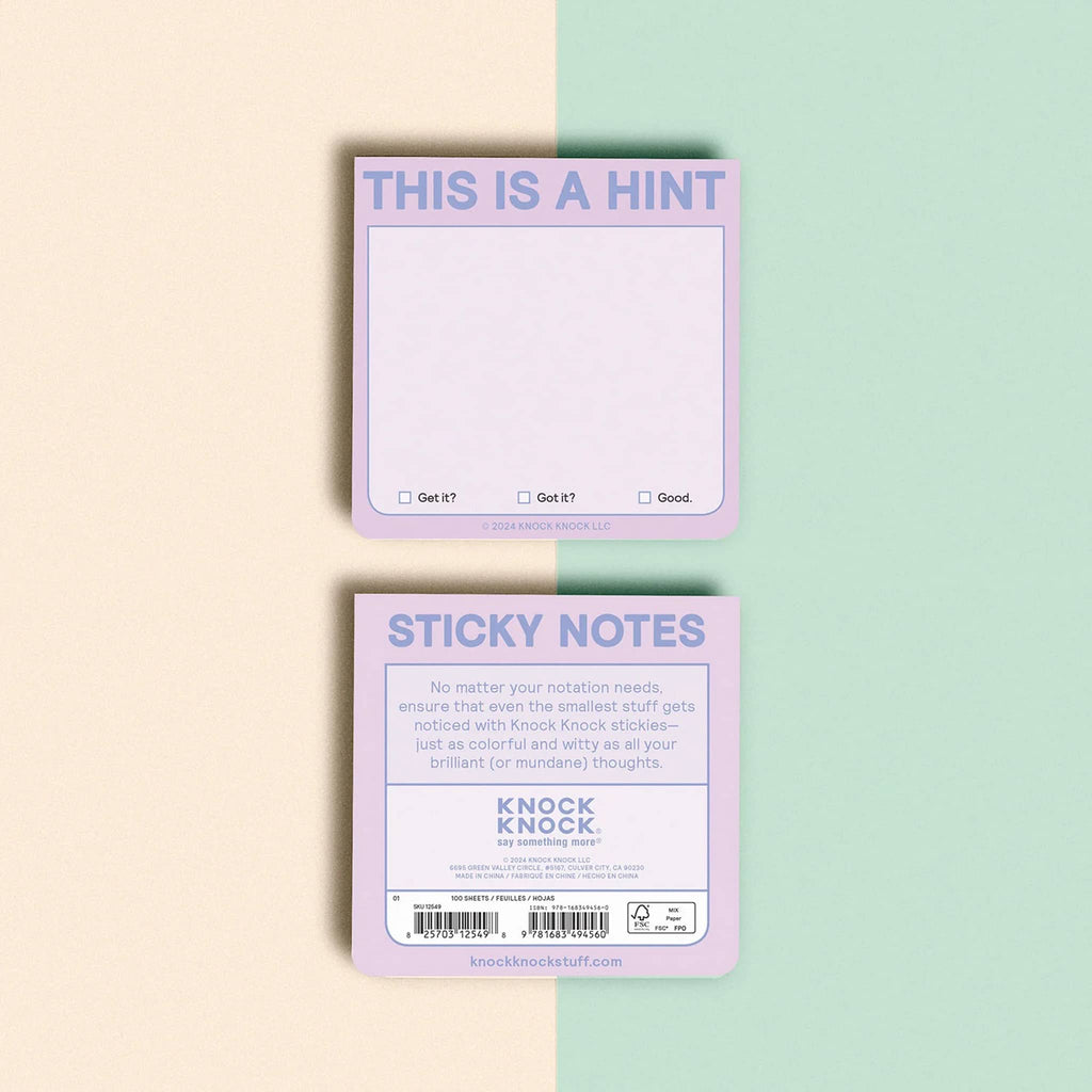 Knock Knock This is a Hint sticky notes in lilac, front and back of packaging.