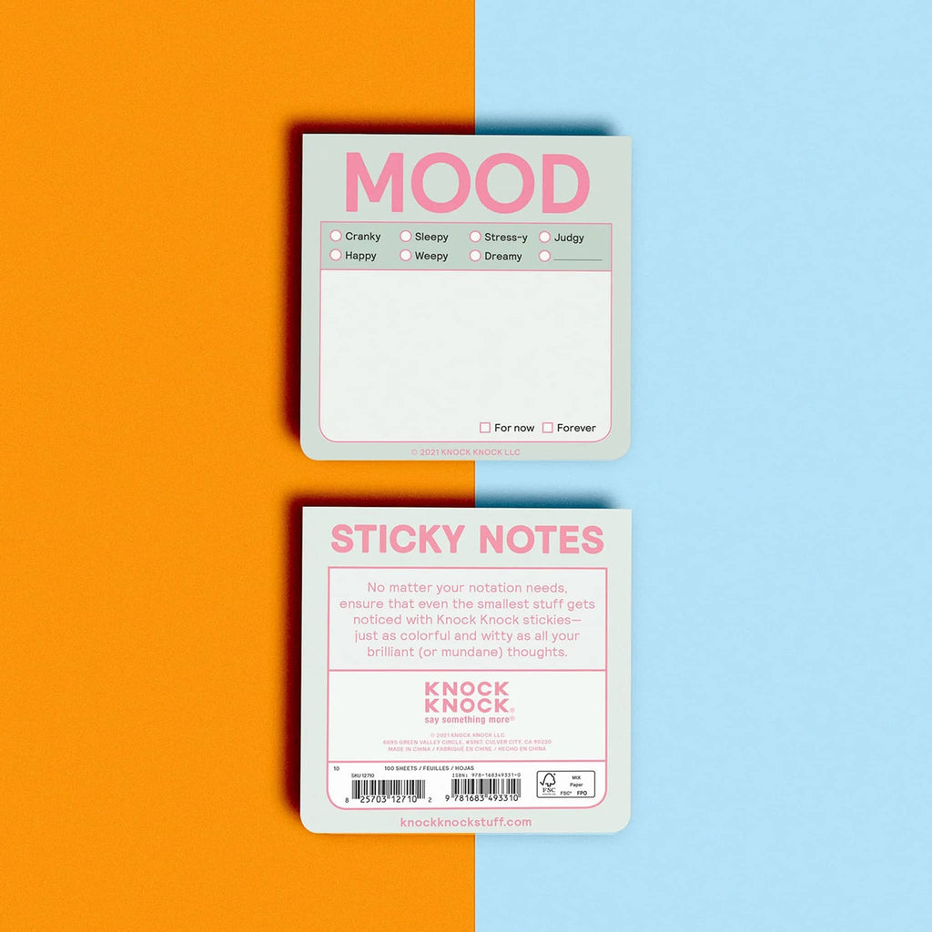 Knock Knock Mood sticky notes in mint green, front and back of packaging.