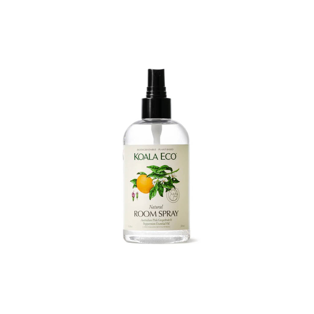 Koala Eco Pink Grapefruit and Peppermint Eco-Friendly Room Spray in recycled spritz bottle.